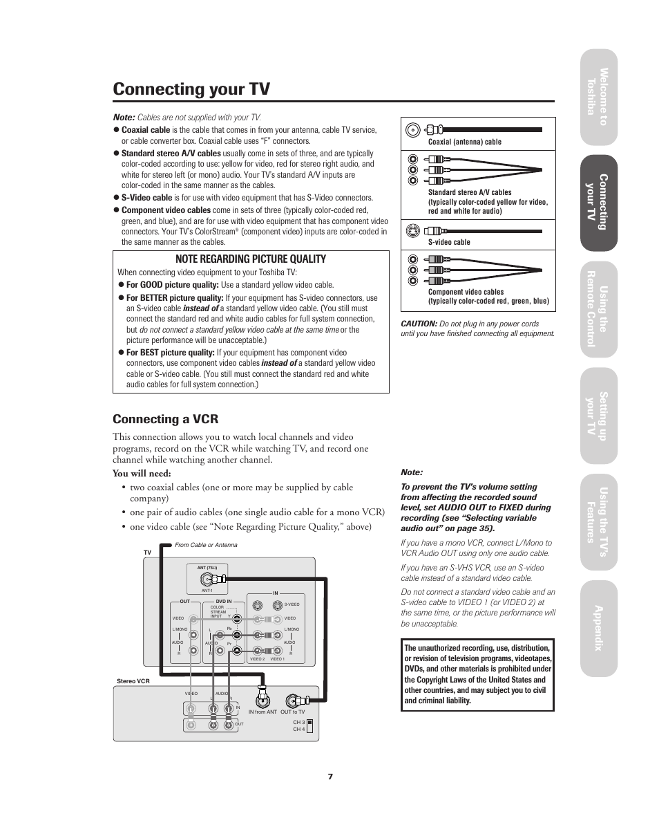 Connecting your tv, Connecting a vcr, Ref er ence | Toshiba 32A62 User Manual | Page 7 / 41