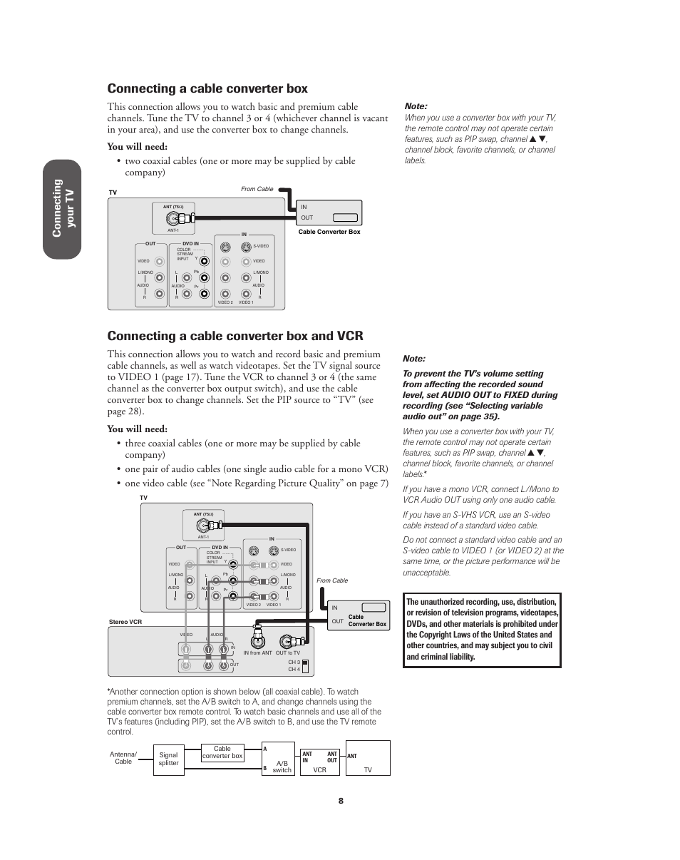 Cable converter box / and vcr, Connecting a cable converter box, Connecting a cable converter box and vcr | Ref er ence, Connecting y our t v | Toshiba 32A62 User Manual | Page 8 / 41