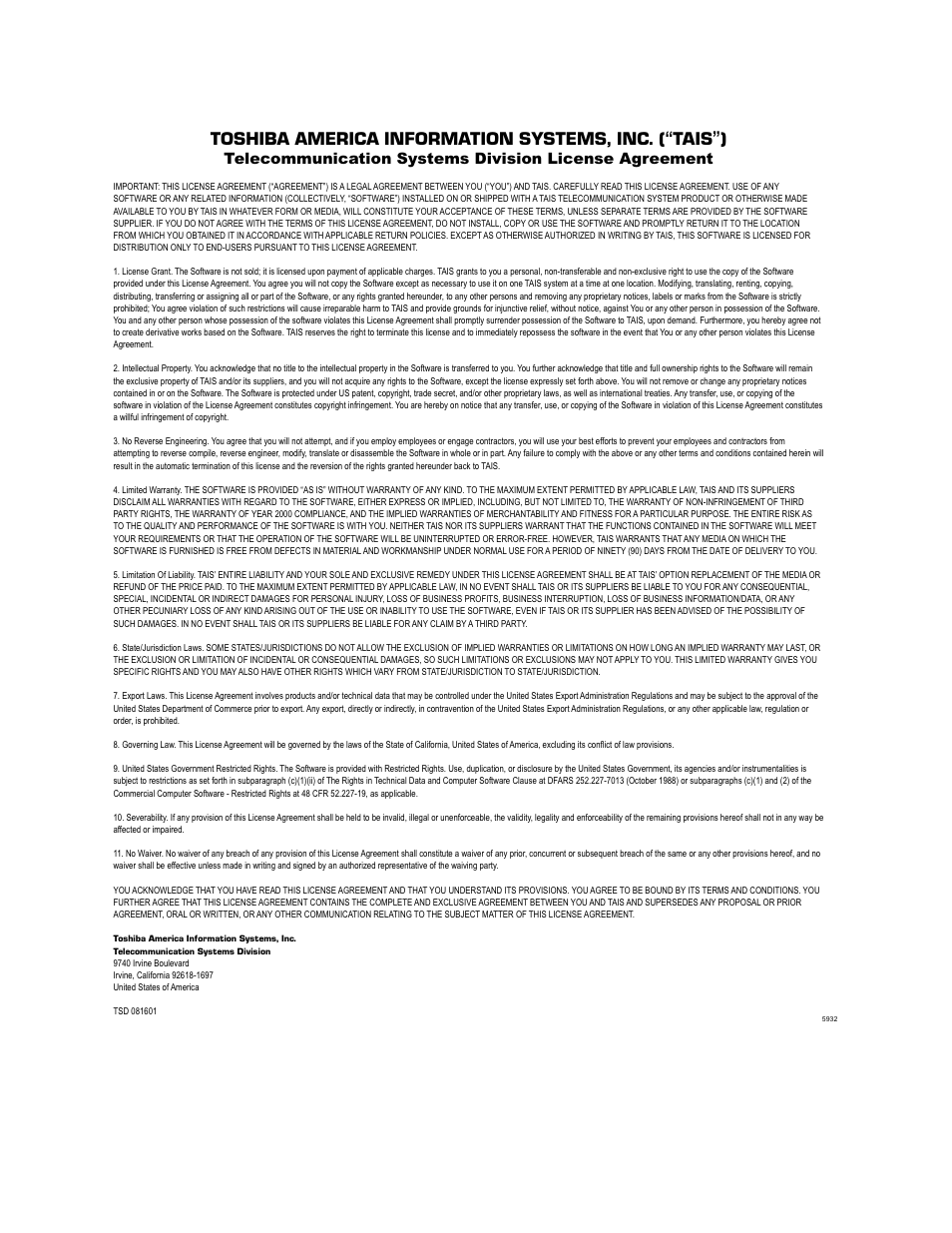 Tais tsd license agreement | Toshiba Strata CTX100 User Manual | Page 3 / 100