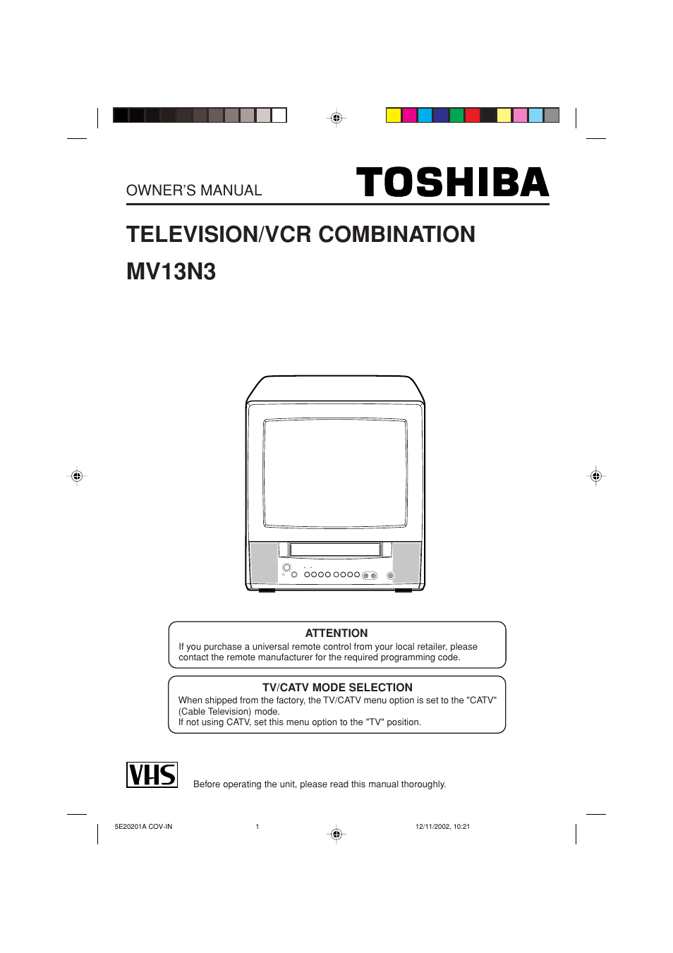 Toshiba Television/Vcr Combination MV13N3 User Manual | 56 pages