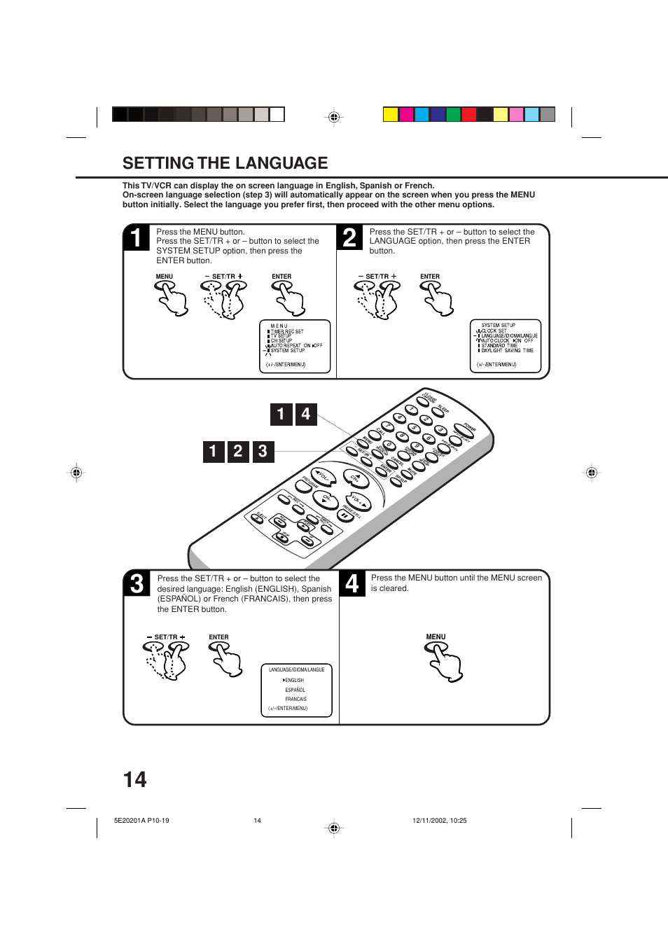 Setting the language | Toshiba Television/Vcr Combination MV13N3 User Manual | Page 16 / 56