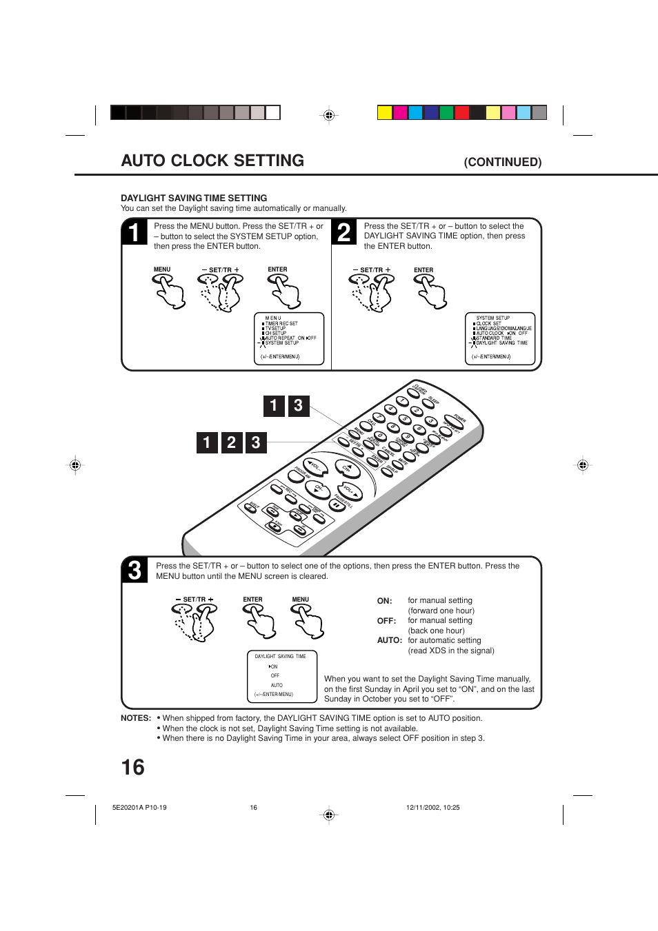 Auto clock setting, Continued), Daylight saving time setting | Toshiba Television/Vcr Combination MV13N3 User Manual | Page 18 / 56