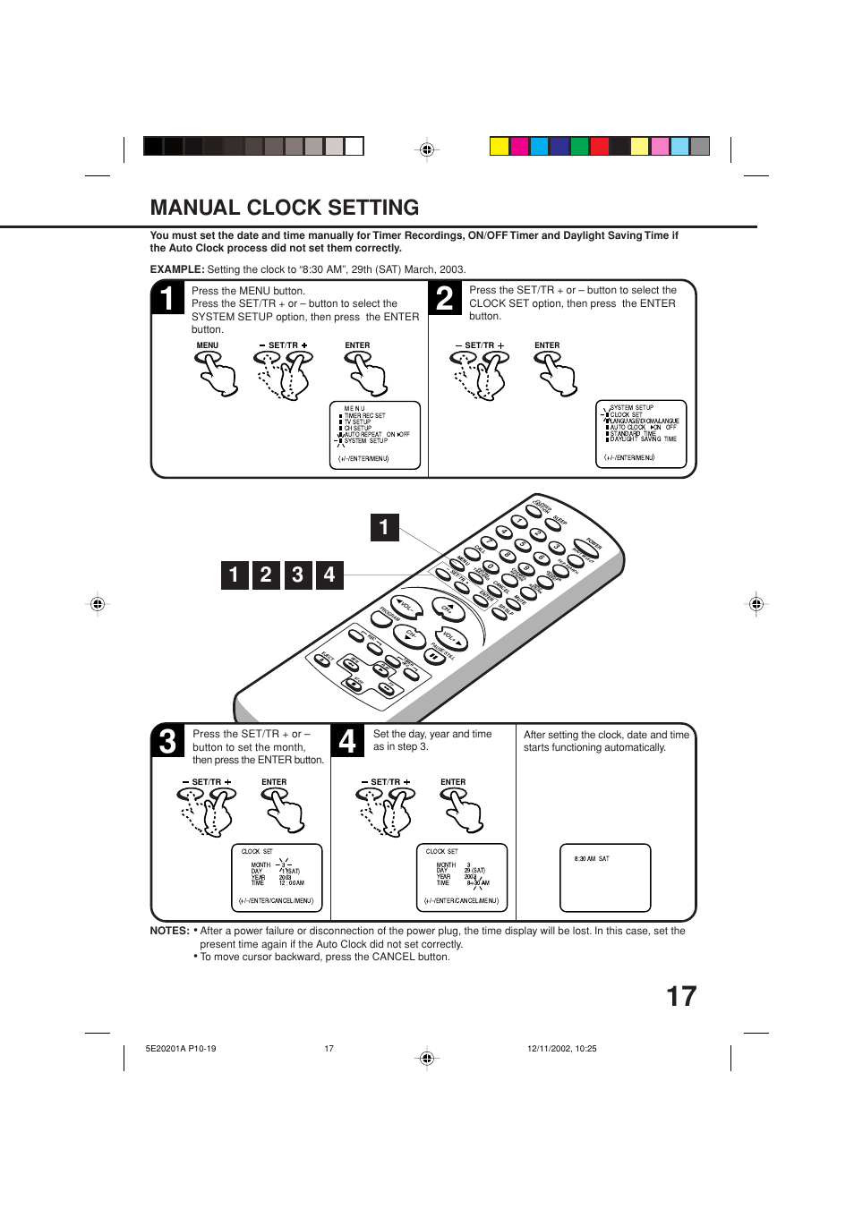 Manual clock setting, 43 2 1 manual clock setting | Toshiba Television/Vcr Combination MV13N3 User Manual | Page 19 / 56