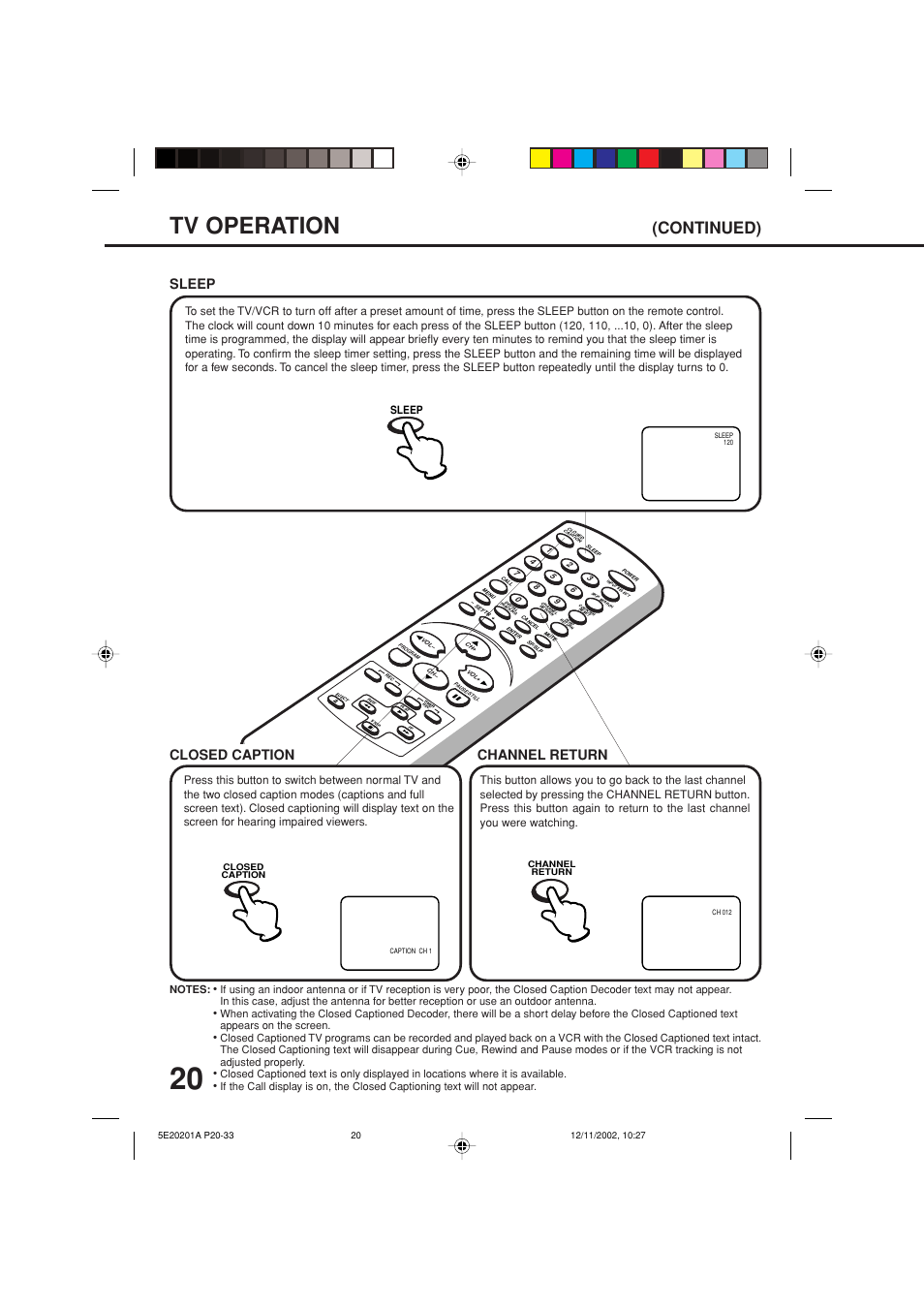 Tv operation, Continued), Sleep | Closed caption, Channel return | Toshiba Television/Vcr Combination MV13N3 User Manual | Page 22 / 56