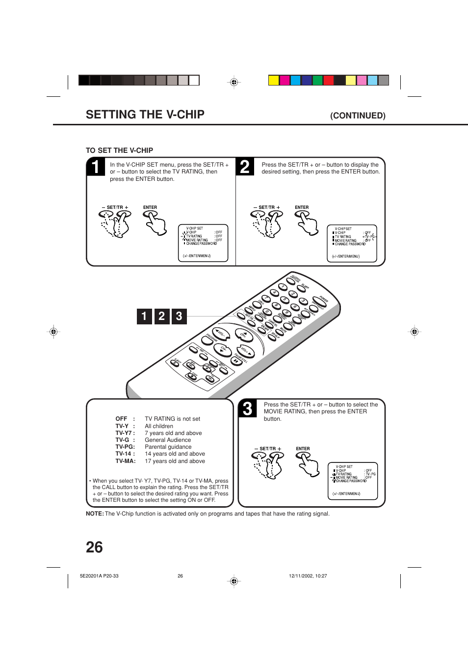 Setting the v-chip, Continued) | Toshiba Television/Vcr Combination MV13N3 User Manual | Page 28 / 56