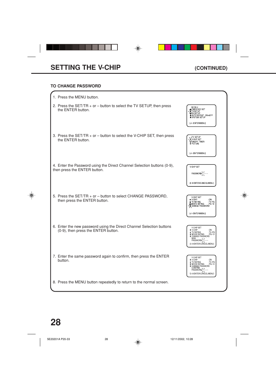 Setting the v-chip, Continued) | Toshiba Television/Vcr Combination MV13N3 User Manual | Page 30 / 56