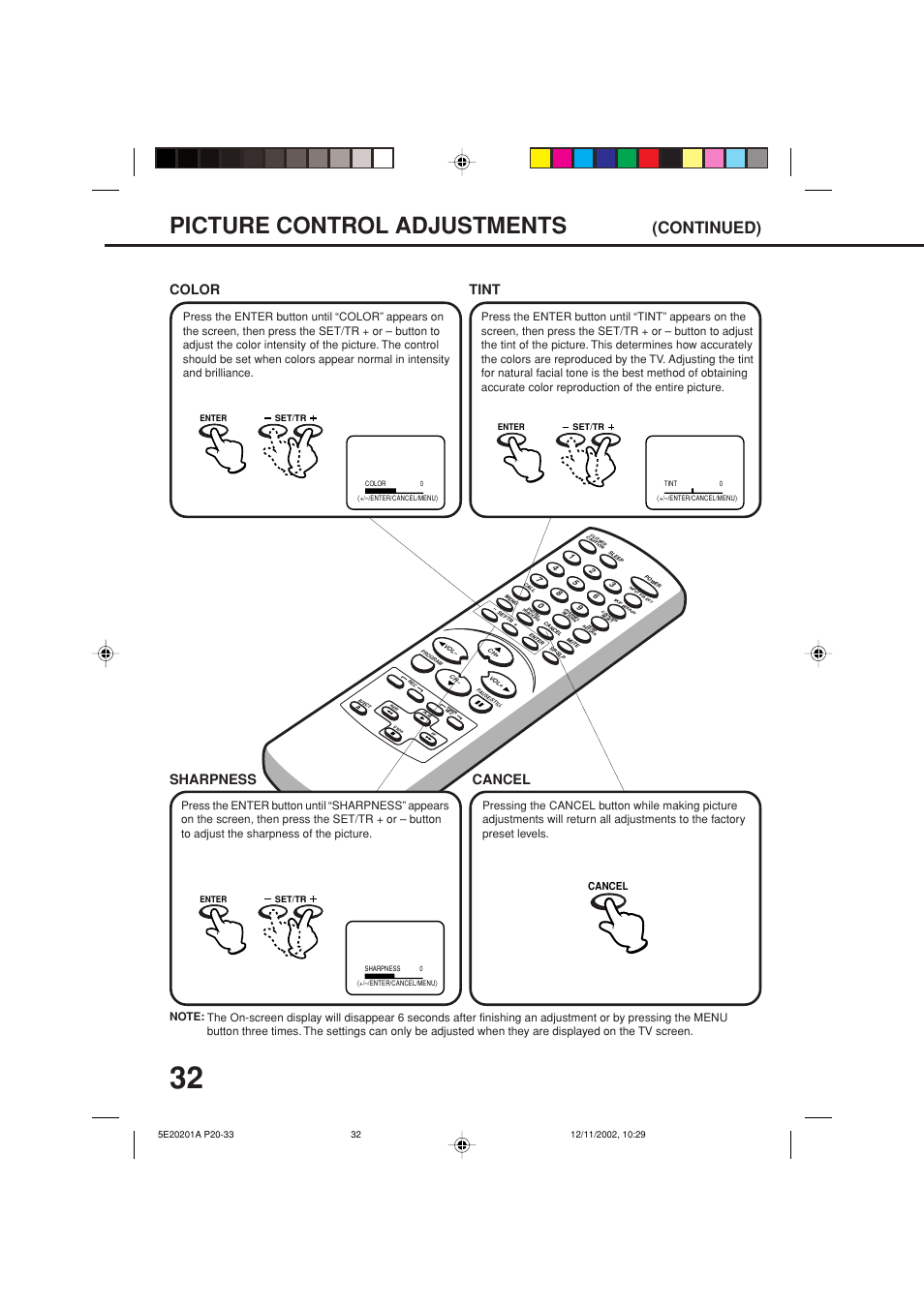 Picture control adjustments, Continued), Sharpness color tint | Cancel | Toshiba Television/Vcr Combination MV13N3 User Manual | Page 34 / 56