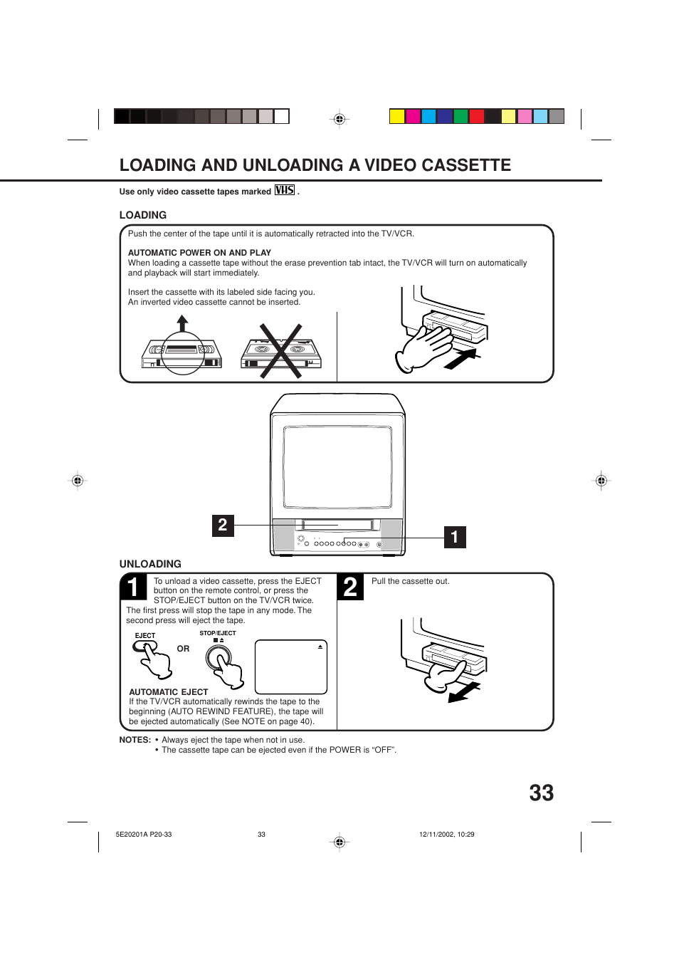 Playback, Loading/unloading a video cassette, Loading and unloading a video cassette | Toshiba Television/Vcr Combination MV13N3 User Manual | Page 35 / 56