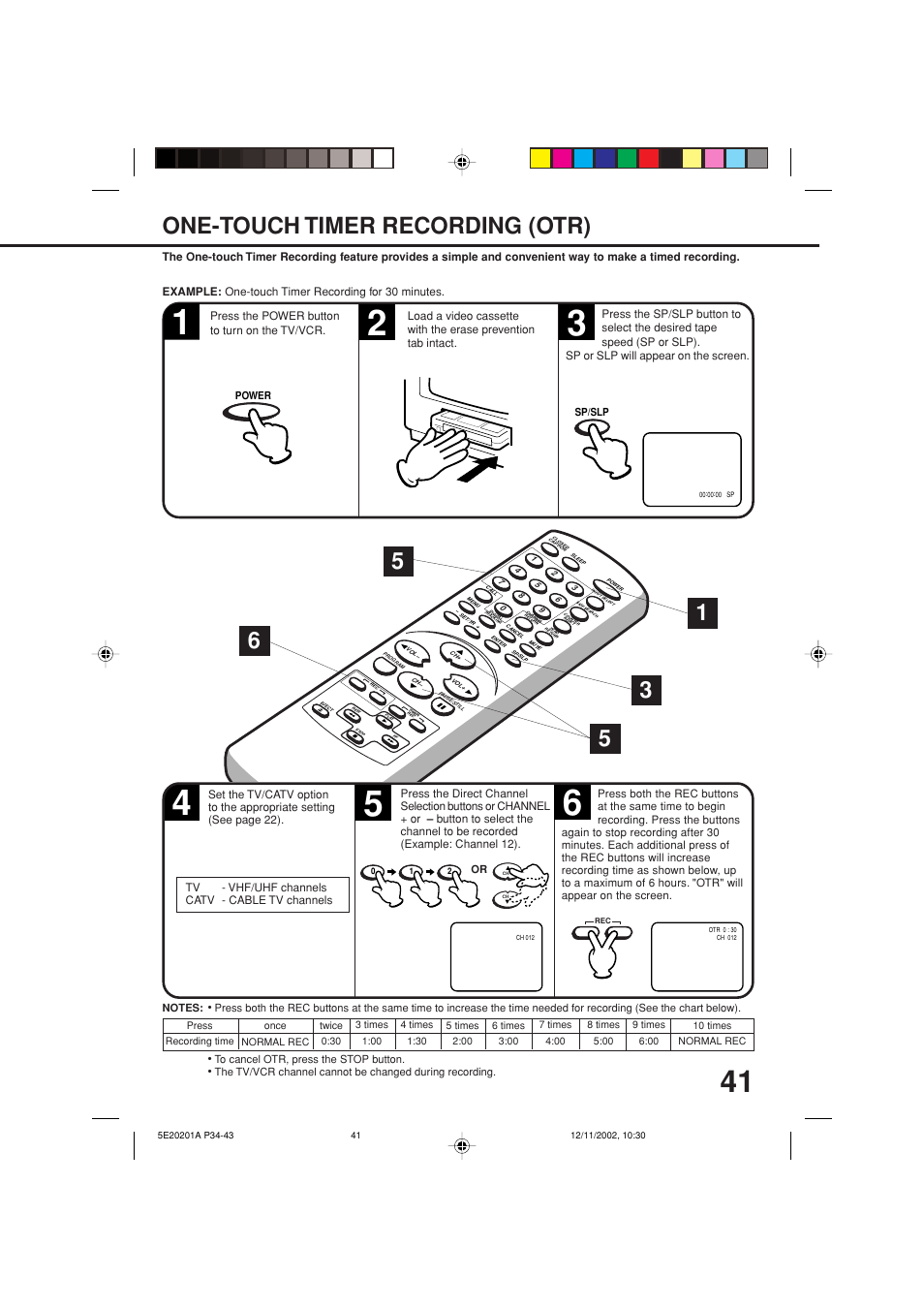 One-touch timer recording, One-touch timer recording (otr) | Toshiba Television/Vcr Combination MV13N3 User Manual | Page 43 / 56