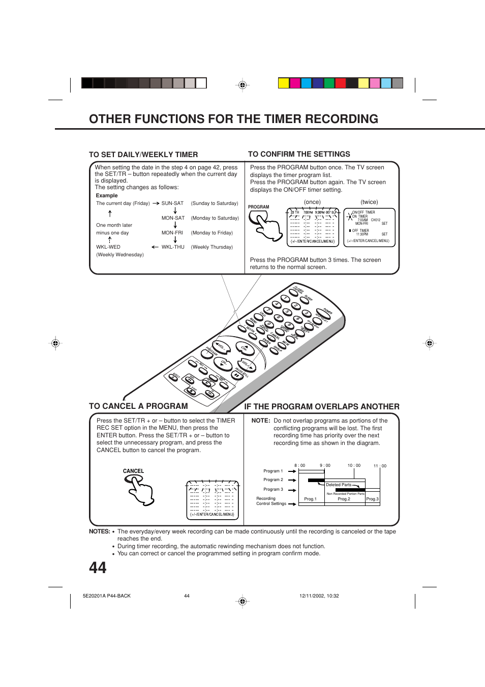 Other functions for the timer recording, If the program overlaps another, Cancel | Once) (twice) | Toshiba Television/Vcr Combination MV13N3 User Manual | Page 46 / 56