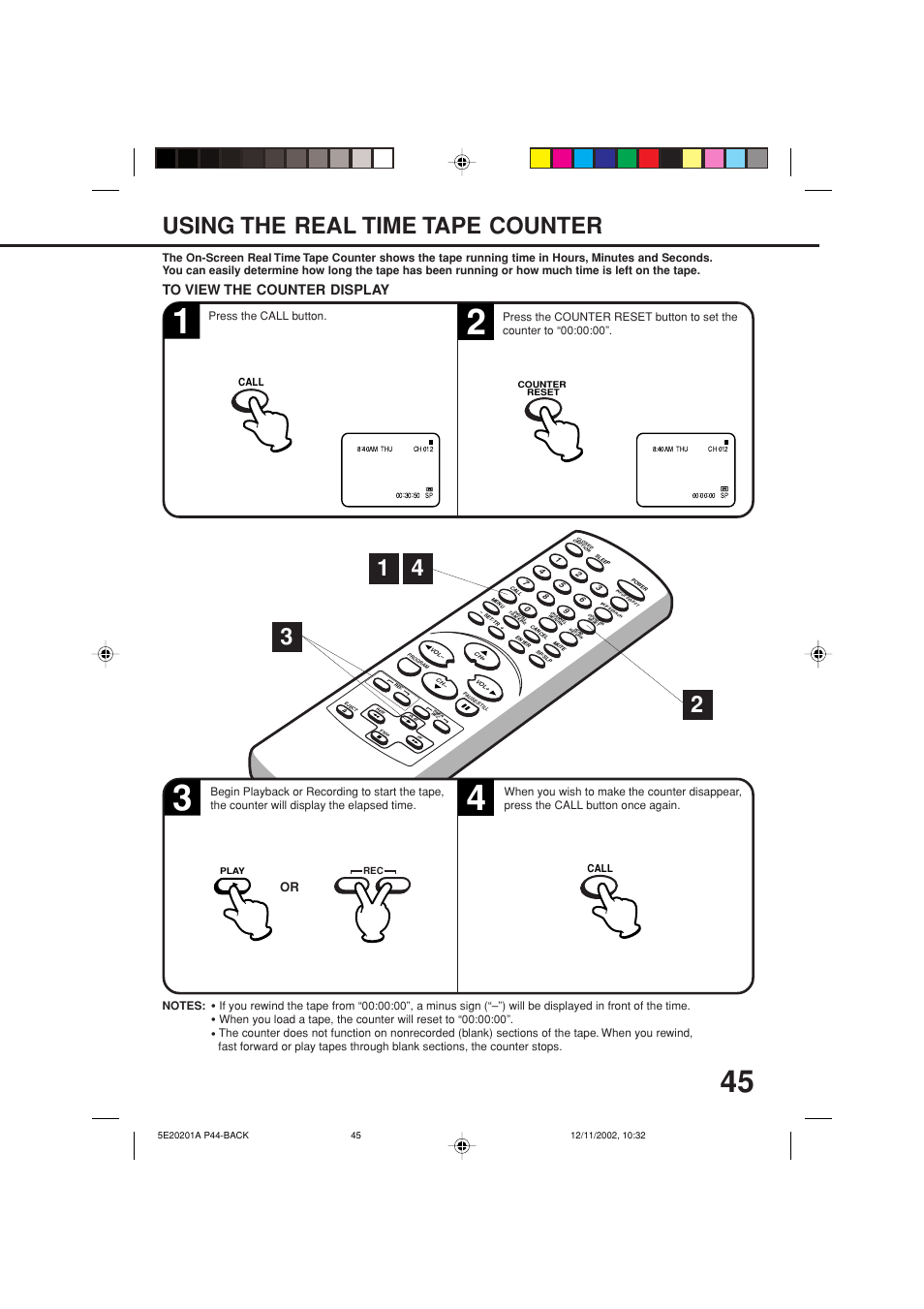 Additional information, Using the real time tape counter | Toshiba Television/Vcr Combination MV13N3 User Manual | Page 47 / 56