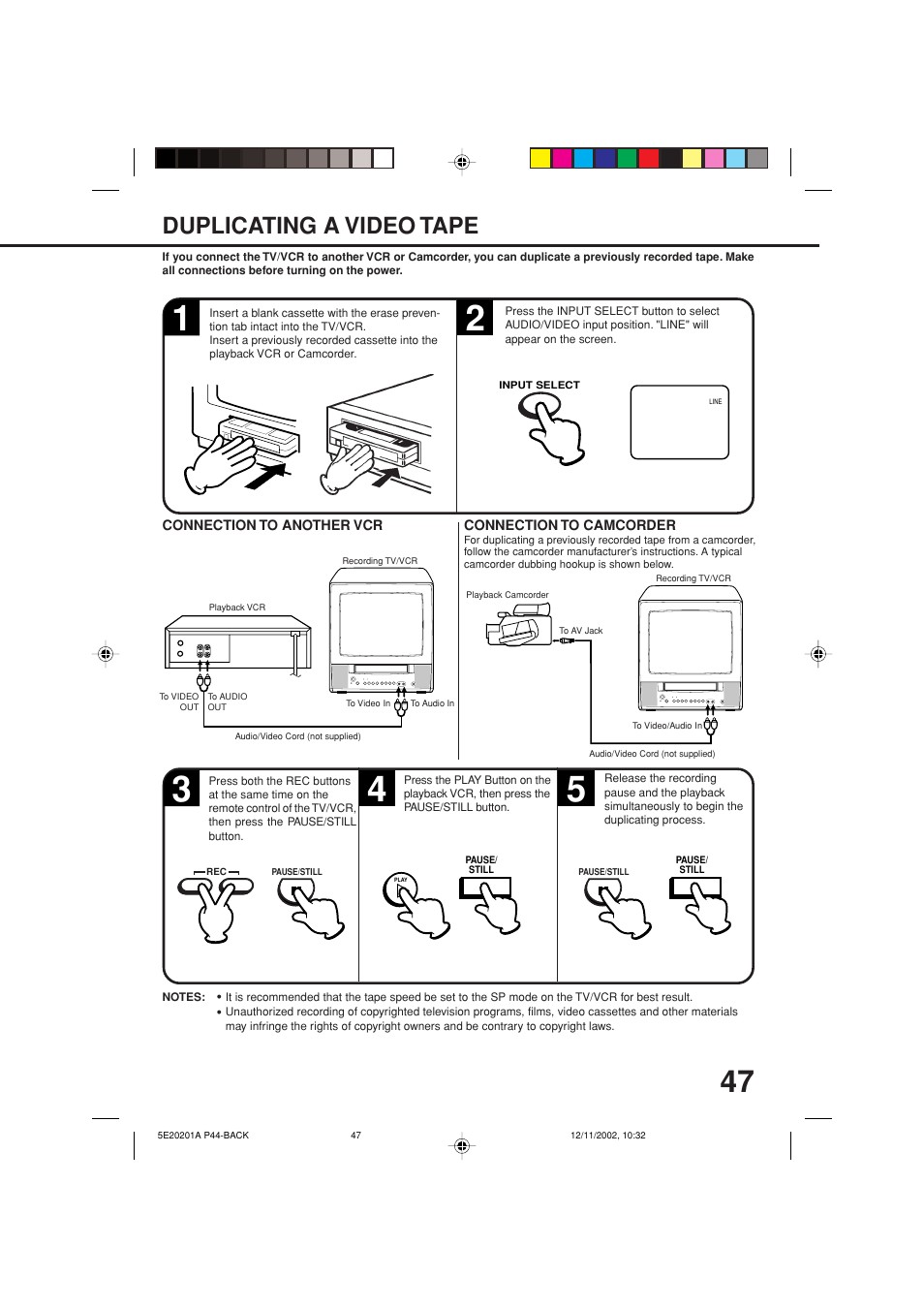 Duplicating a video tape | Toshiba Television/Vcr Combination MV13N3 User Manual | Page 49 / 56