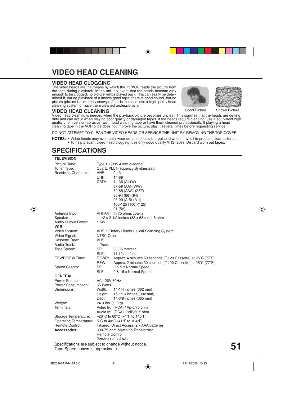 Video head cleaning / specifications, Video head cleaning, Specifications | Toshiba Television/Vcr Combination MV13N3 User Manual | Page 53 / 56