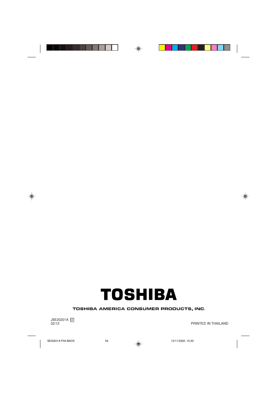 Back cover | Toshiba Television/Vcr Combination MV13N3 User Manual | Page 56 / 56