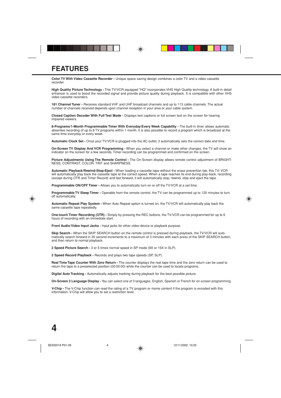 Features | Toshiba Television/Vcr Combination MV13N3 User Manual | Page 6 / 56