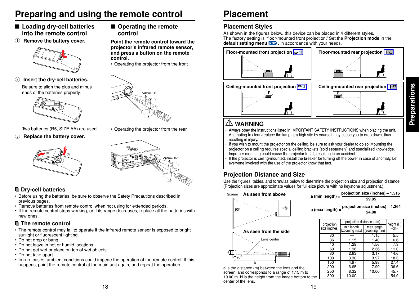 Preparing and using the remote control, Placement, P.18 | Preparing and using the remote control placement, Preparations, Projection distance and size, Placement styles, Warning, Operating the remote control, Loading dry-cell batteries into the remote control | Toshiba DP-SW25T User Manual | Page 10 / 37