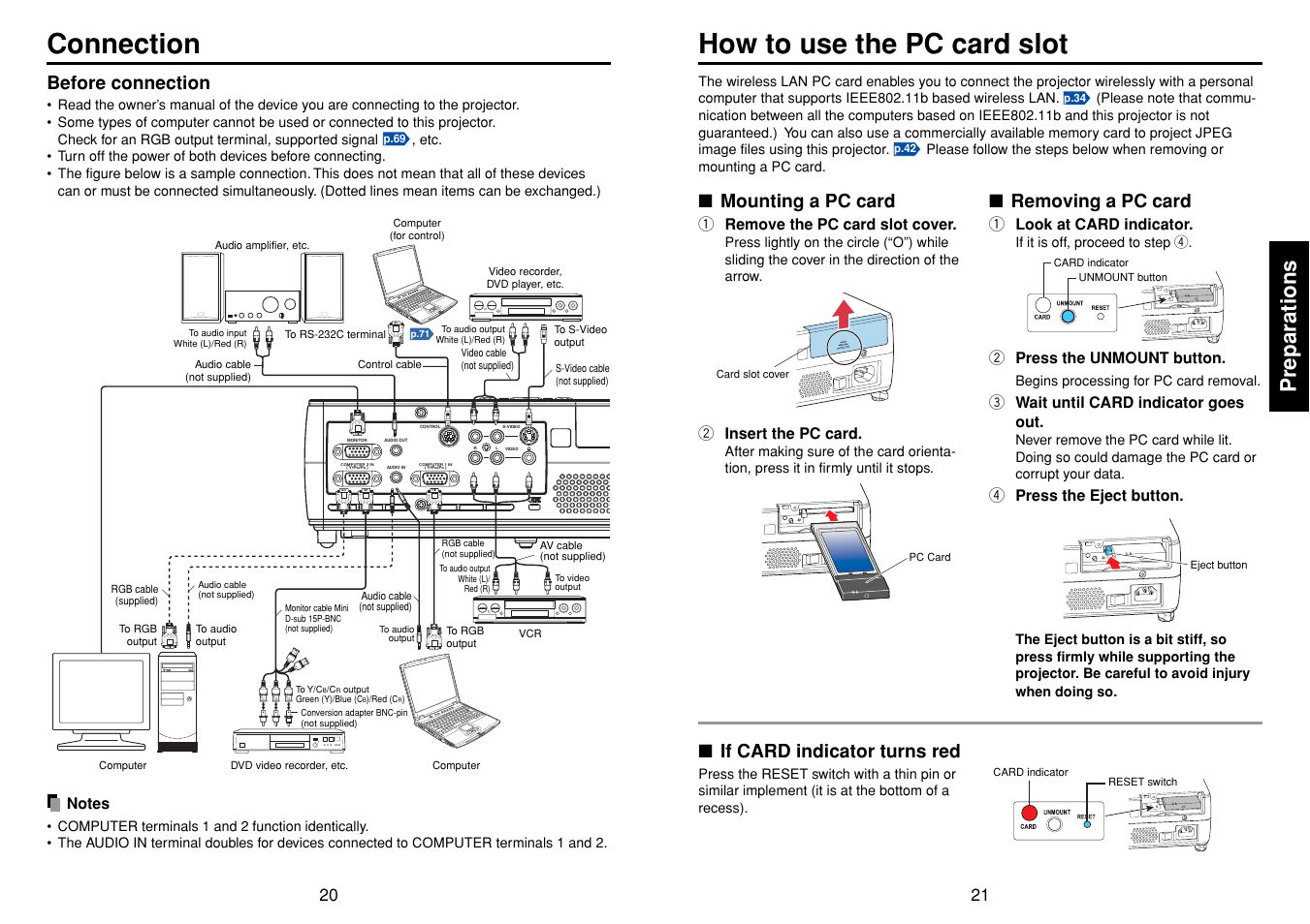 Connection, How to use the pc card slot, P.21 | Preparations, Before connection, Removing a pc card, Mounting a pc card, If card indicator turns red | Toshiba DP-SW25T User Manual | Page 11 / 37