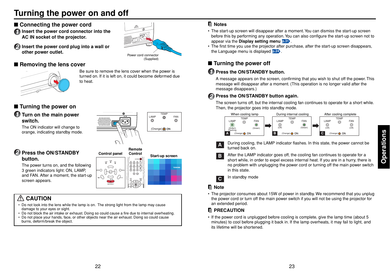 Operations, Turning the power on and off, P.22 | P.23, Connecting the power cord, Turning the power on, Turning the power off, Caution, Removing the lens cover | Toshiba DP-SW25T User Manual | Page 12 / 37