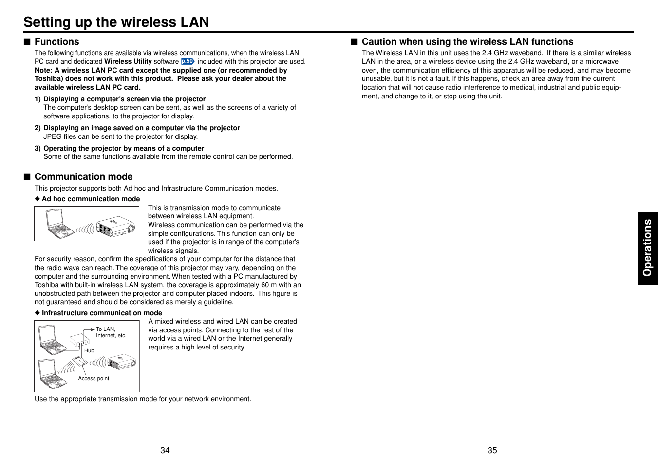 Setting up the wireless lan, Functions, Communication mode | Caution when using the wireless lan functions, P.34, Operations | Toshiba DP-SW25T User Manual | Page 18 / 37