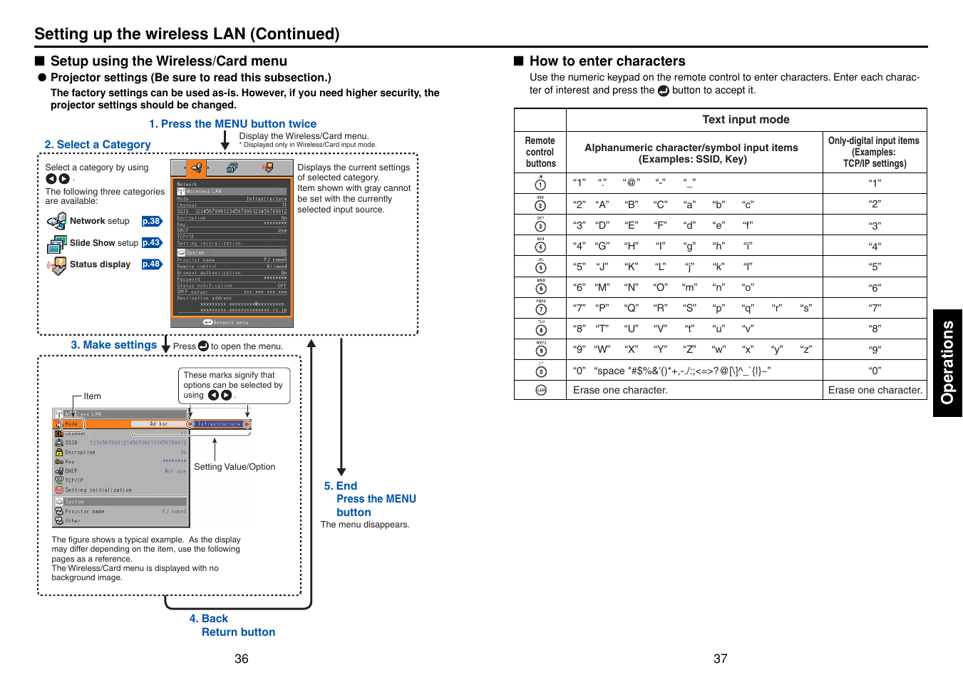 Setup using the wireless/card menu, How to enter characters, P.37 | P.36, Operations, Setting up the wireless lan (continued) | Toshiba DP-SW25T User Manual | Page 19 / 37