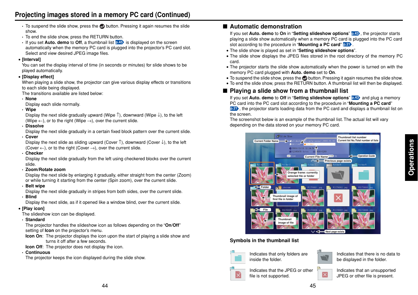 Automatic demonstration, Playing a slide show from a thumbnail list, Operations | Toshiba DP-SW25T User Manual | Page 23 / 37