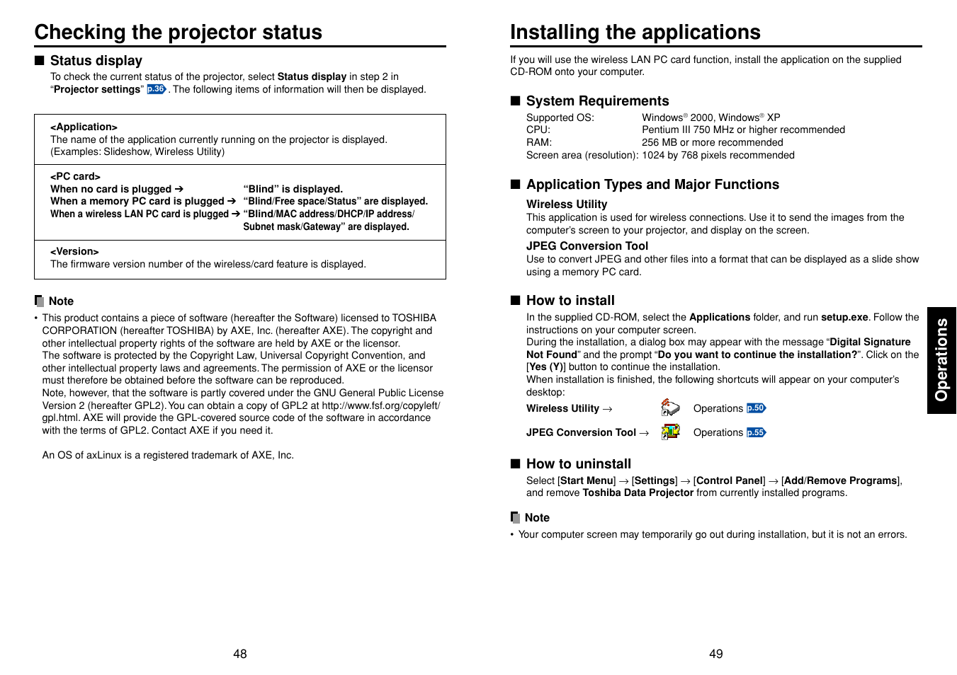 Checking the projector status, Status display, Installing the applications | P.49, Operations | Toshiba DP-SW25T User Manual | Page 25 / 37