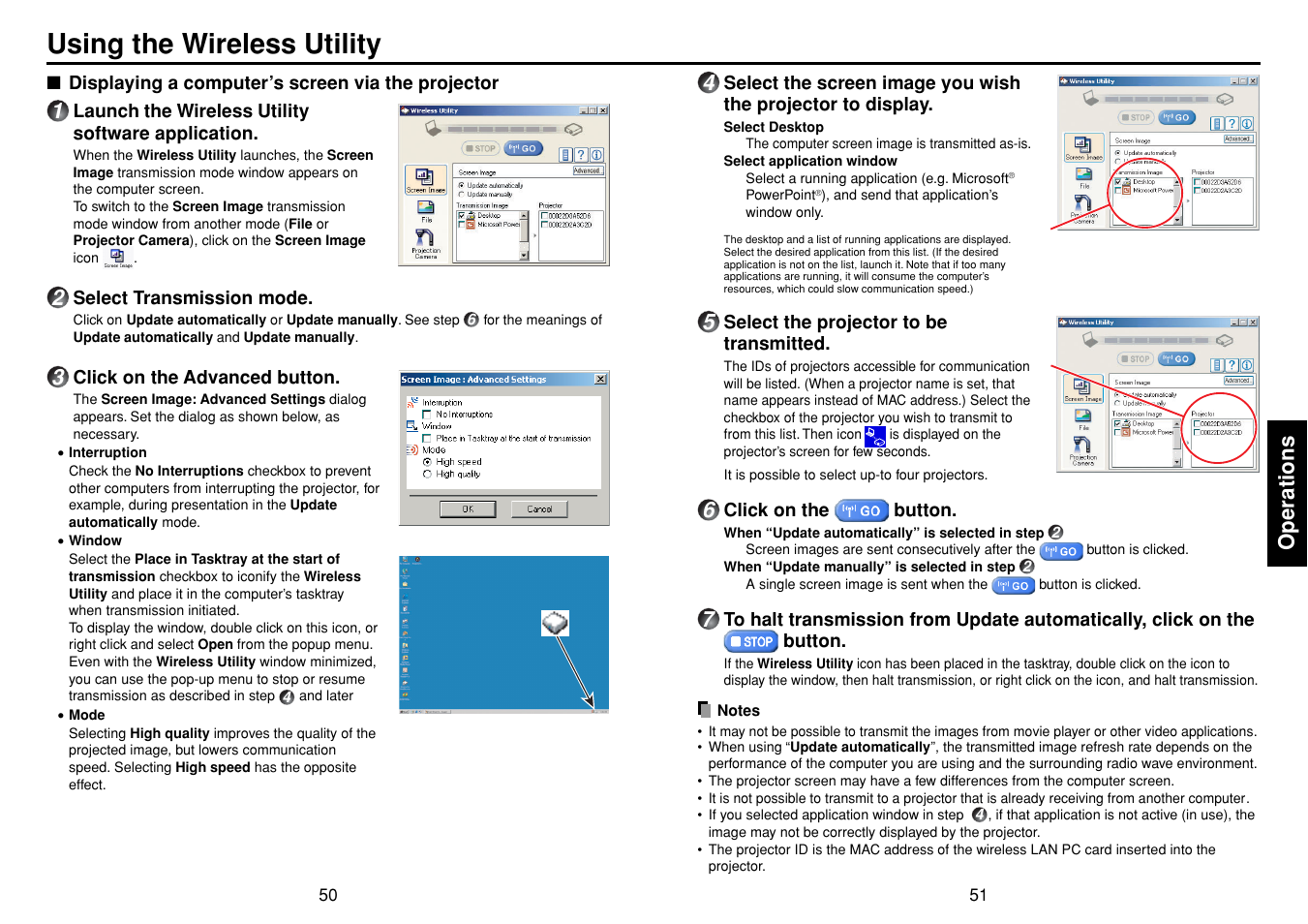 Using the wireless utility, Displaying a computer’s screen via the projector, Operations | Toshiba DP-SW25T User Manual | Page 26 / 37