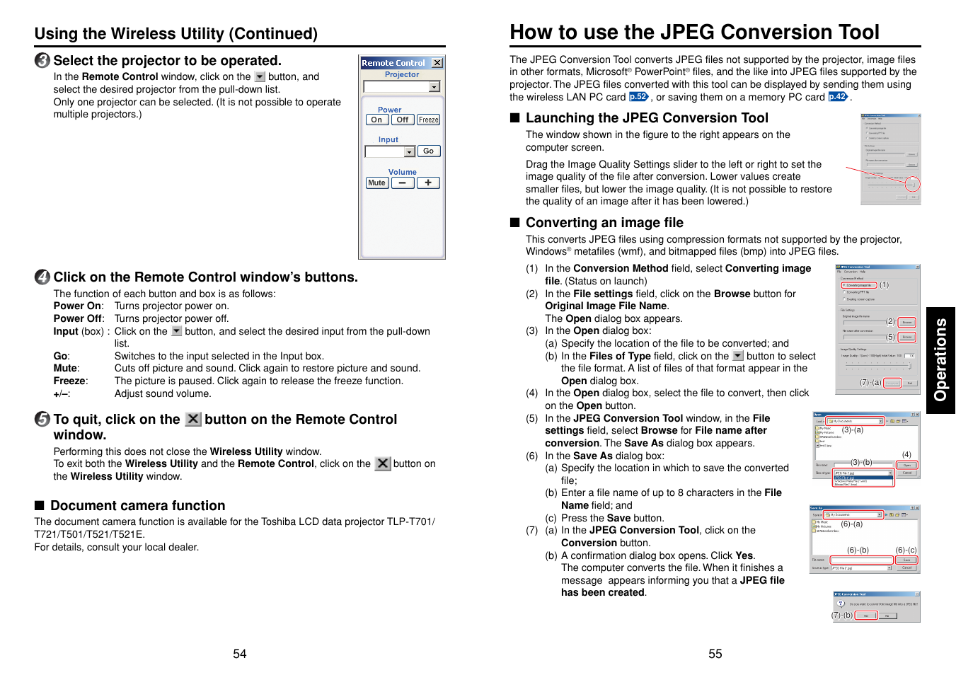 Document camera function, How to use the jpeg conversion tool, Launching the jpeg conversion tool | Converting an image file, Operations, Using the wireless utility (continued) | Toshiba DP-SW25T User Manual | Page 28 / 37