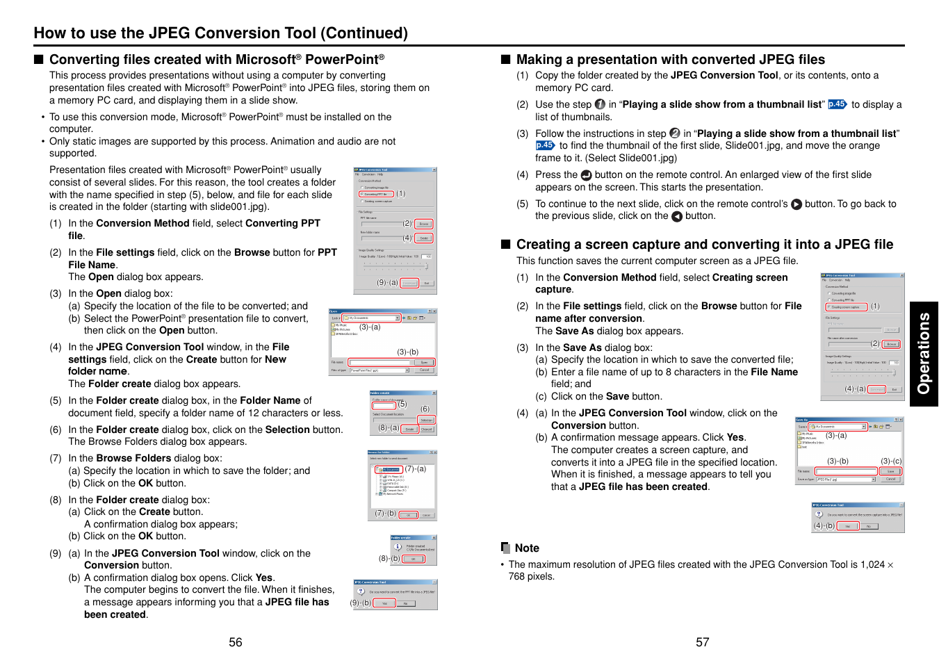 Making a presentation with converted jpeg files, Operations, How to use the jpeg conversion tool (continued) | Converting files created with microsoft, Powerpoint | Toshiba DP-SW25T User Manual | Page 29 / 37