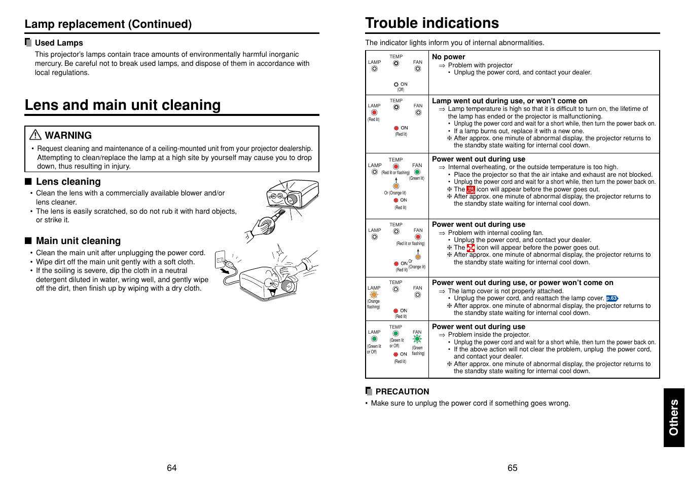 Lens and main unit cleaning, Others, Trouble indications | P.65, Lamp replacement (continued), Warning, Lens cleaning, Main unit cleaning | Toshiba DP-SW25T User Manual | Page 33 / 37