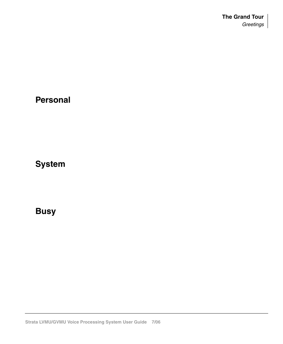 Greetings, Personal, System | Busy, Personal system busy | Toshiba Strata GVMU/LVMU User Manual | Page 20 / 103