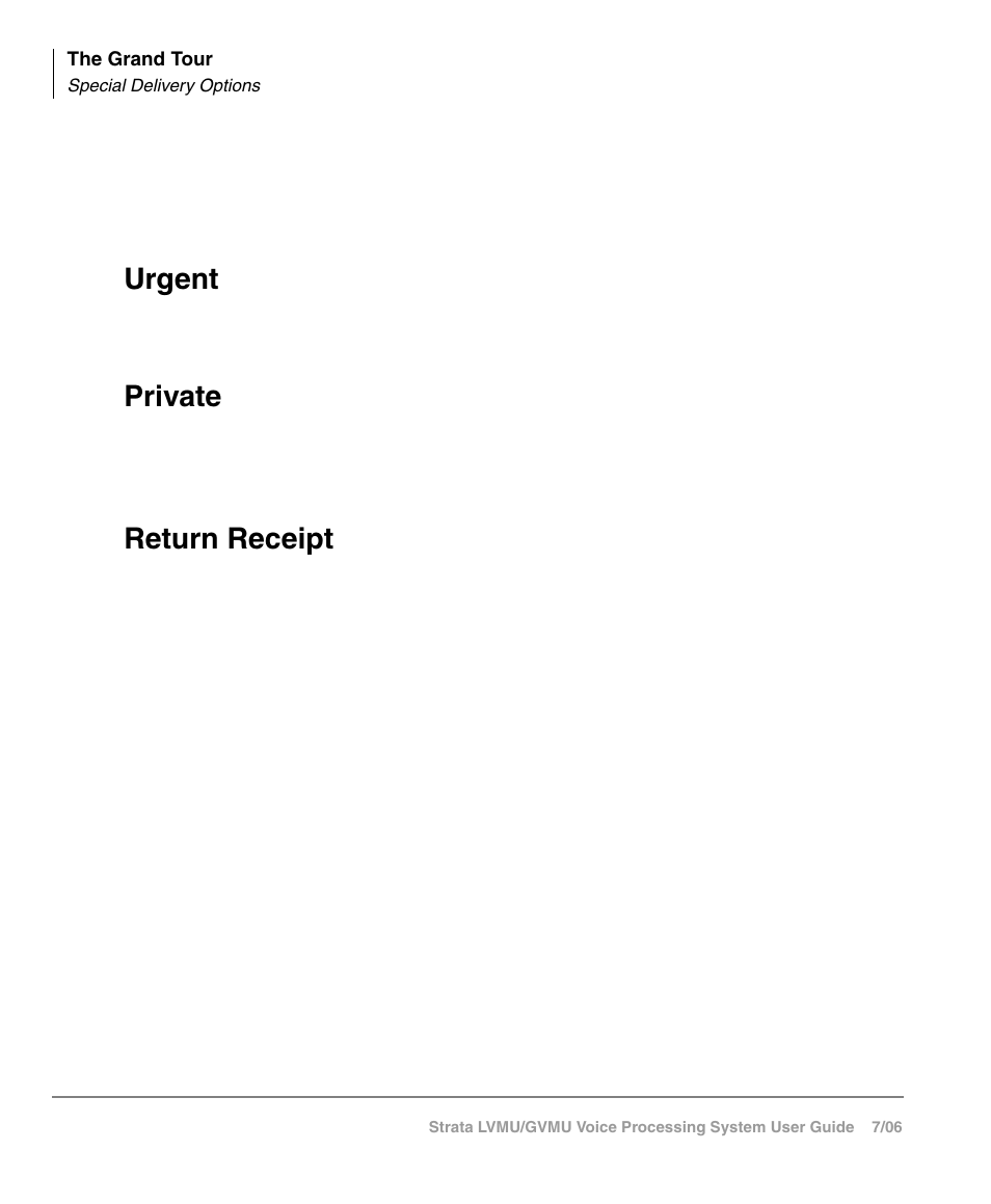 Special delivery options, Urgent, Private | Return receipt, Future delivery, Urgent private return receipt | Toshiba Strata GVMU/LVMU User Manual | Page 21 / 103