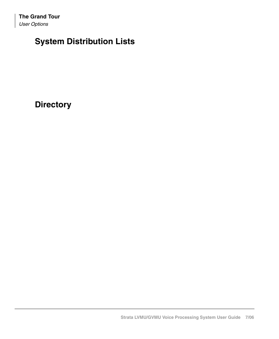 System distribution lists, Directory, User options | System distribution lists directory | Toshiba Strata GVMU/LVMU User Manual | Page 23 / 103