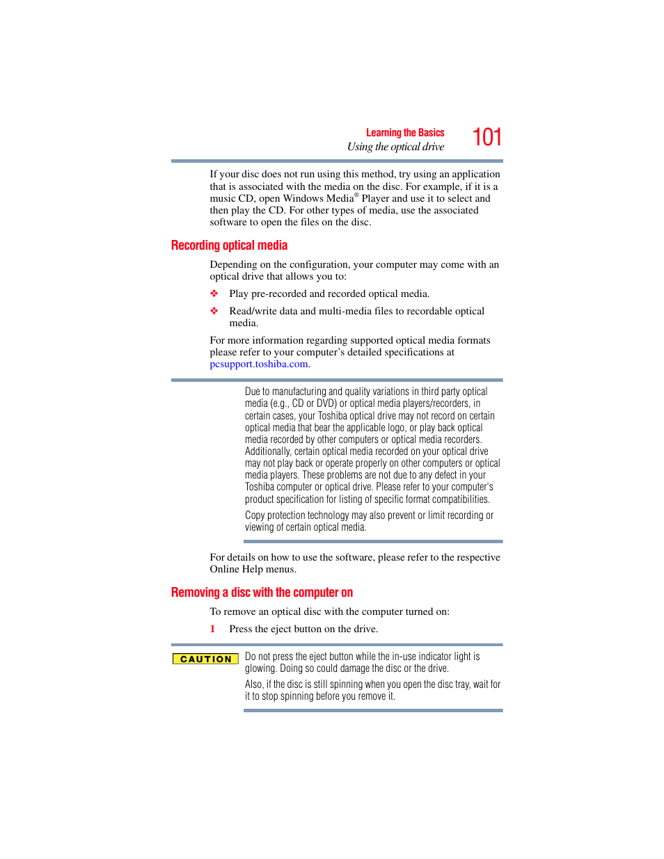 Recording optical media, Removing a disc with the computer on | Toshiba SATELLITE M300 User Manual | Page 101 / 232