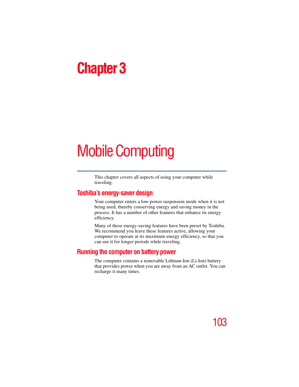 Chapter 3: mobile computing, Toshiba’s energy-saver design, Running the computer on battery power | Mobile computing, Chapter 3 | Toshiba SATELLITE M300 User Manual | Page 103 / 232
