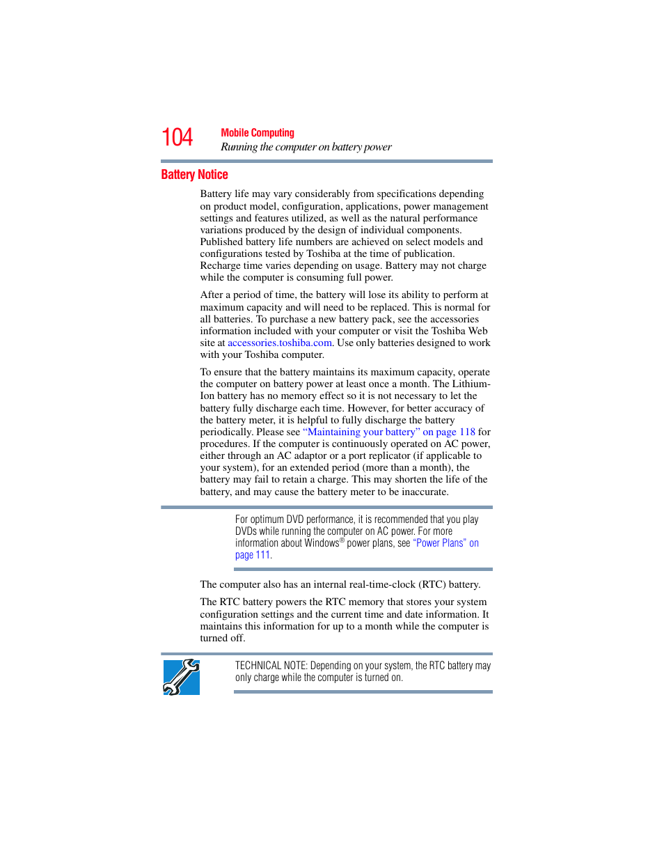 Battery notice | Toshiba SATELLITE M300 User Manual | Page 104 / 232