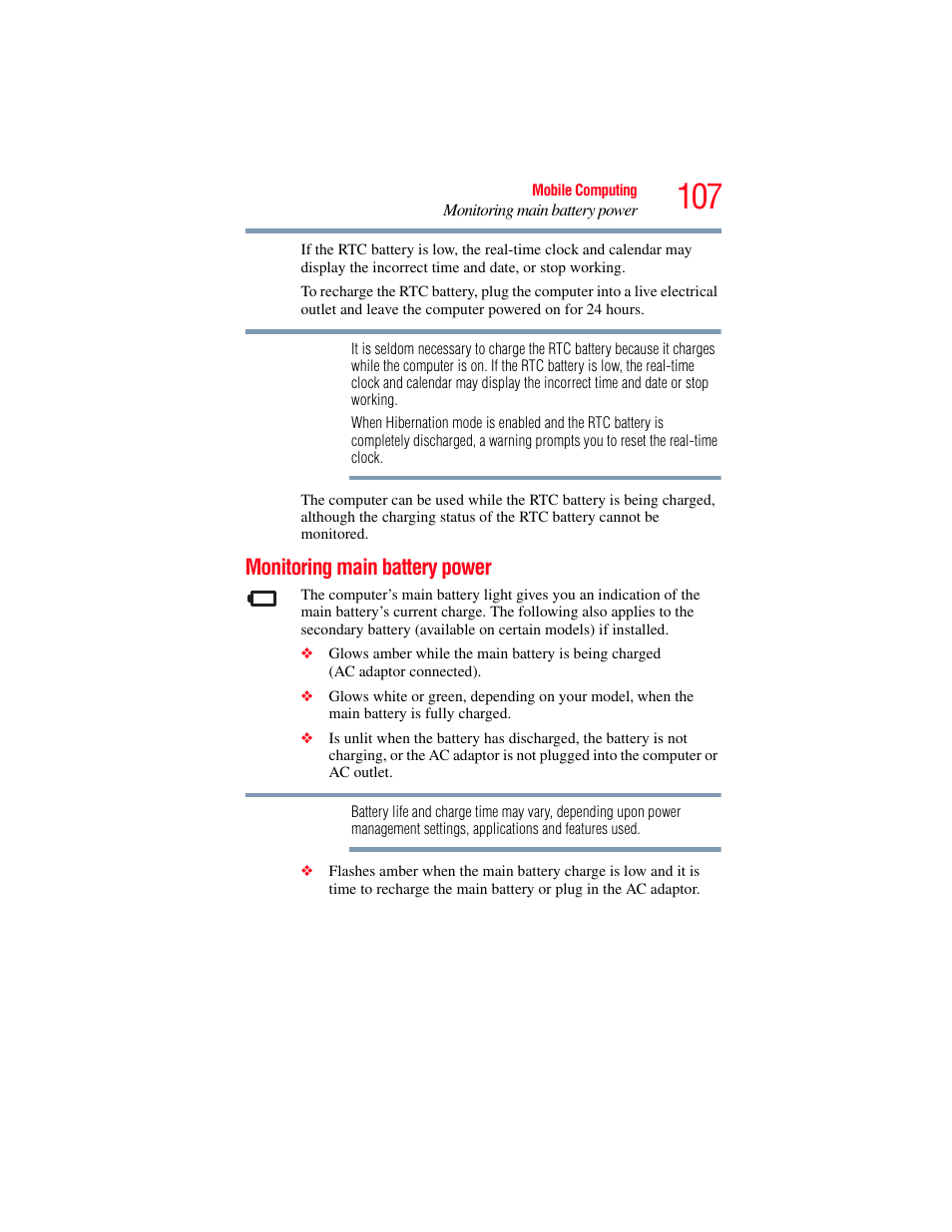 Monitoring main battery power | Toshiba SATELLITE M300 User Manual | Page 107 / 232