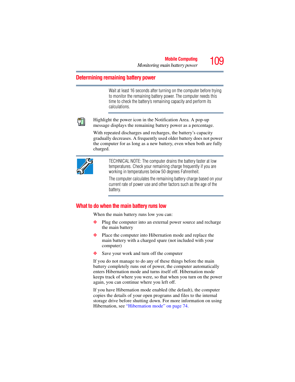 Determining remaining battery power, What to do when the main battery runs low | Toshiba SATELLITE M300 User Manual | Page 109 / 232