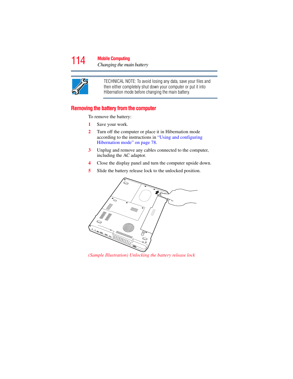 Removing the battery from the computer | Toshiba SATELLITE M300 User Manual | Page 114 / 232