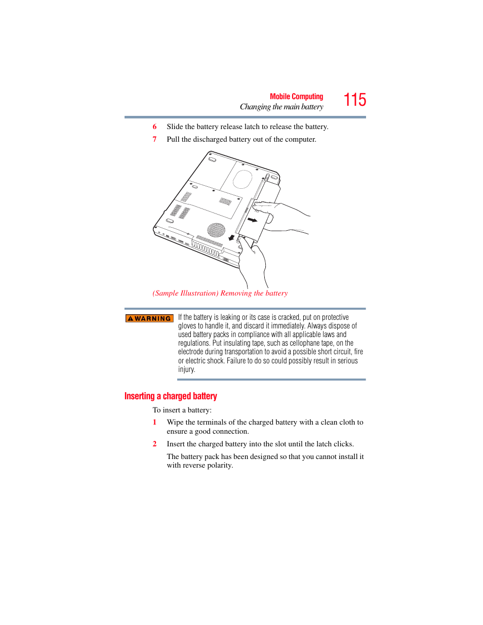 Inserting a charged battery | Toshiba SATELLITE M300 User Manual | Page 115 / 232