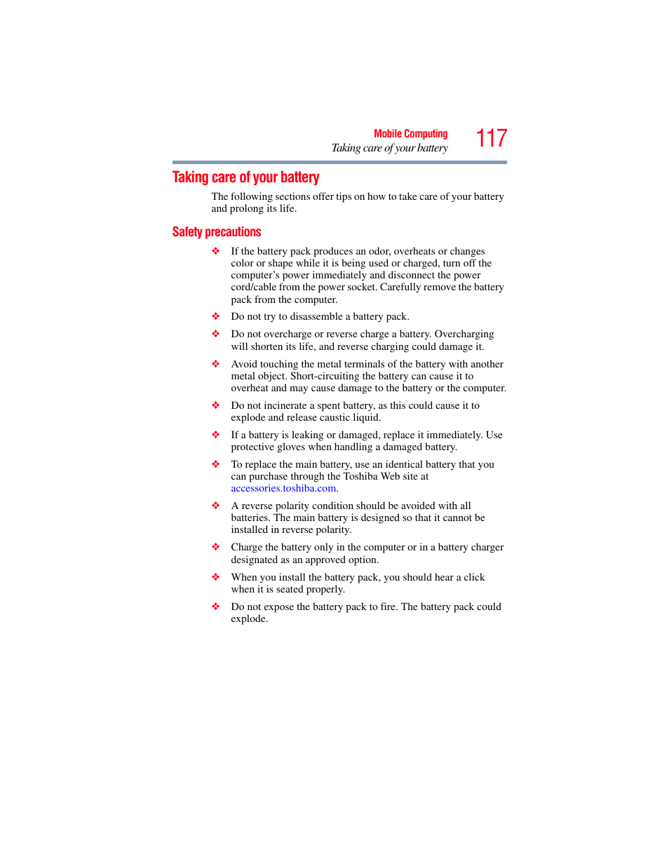 Taking care of your battery, Safety precautions | Toshiba SATELLITE M300 User Manual | Page 117 / 232
