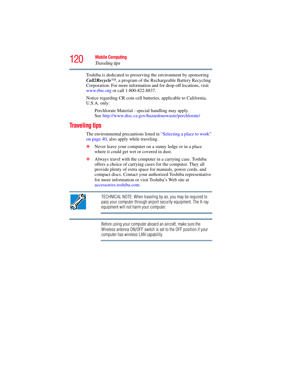 Traveling tips | Toshiba SATELLITE M300 User Manual | Page 120 / 232