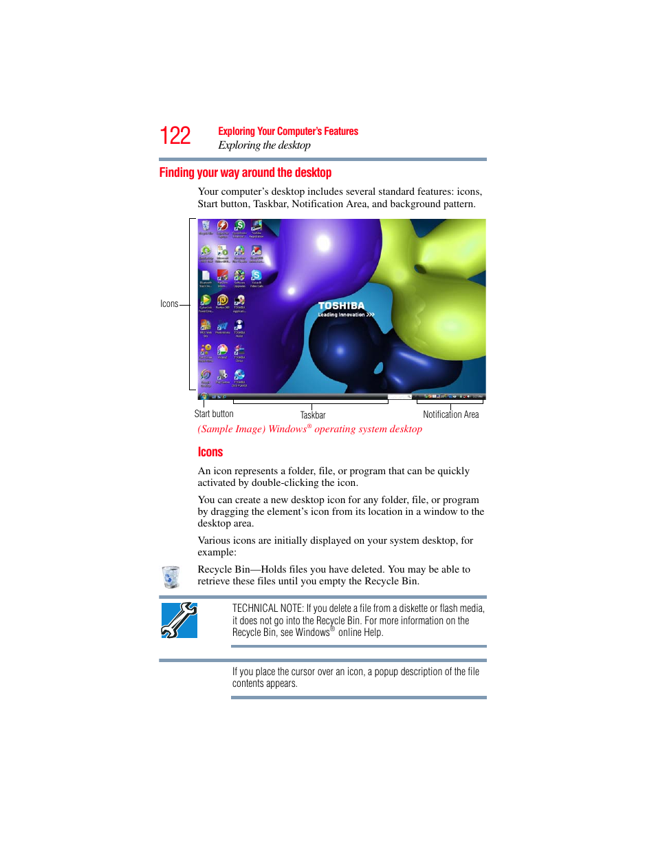 Finding your way around the desktop | Toshiba SATELLITE M300 User Manual | Page 122 / 232