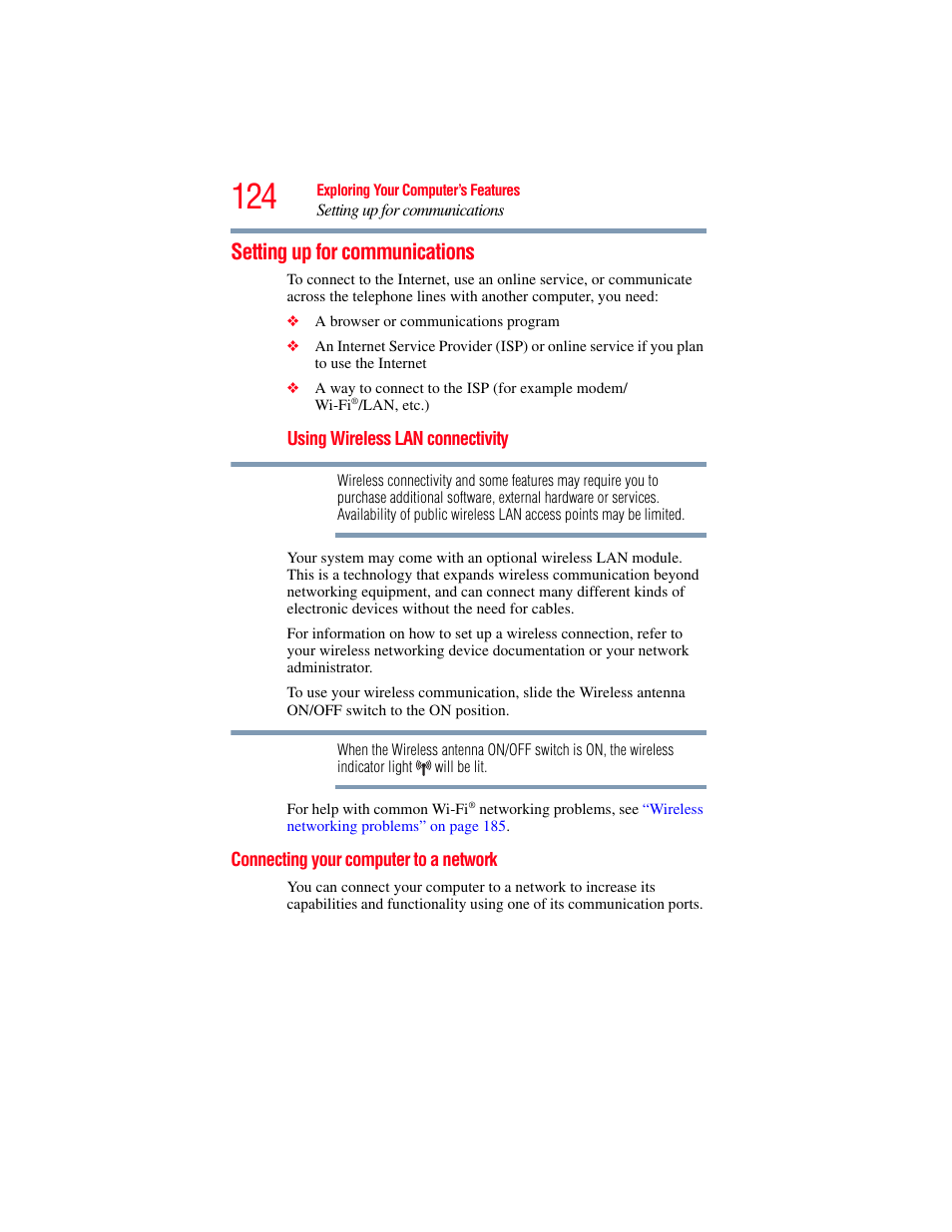 Setting up for communications, Connecting your computer to a network | Toshiba SATELLITE M300 User Manual | Page 124 / 232