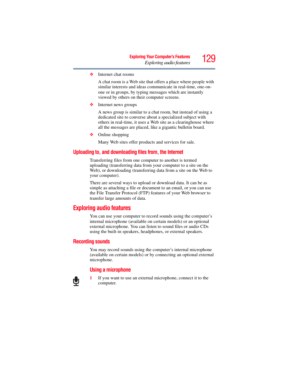 Exploring audio features, Recording sounds, Uploading to, and downloading files | From, the internet | Toshiba SATELLITE M300 User Manual | Page 129 / 232