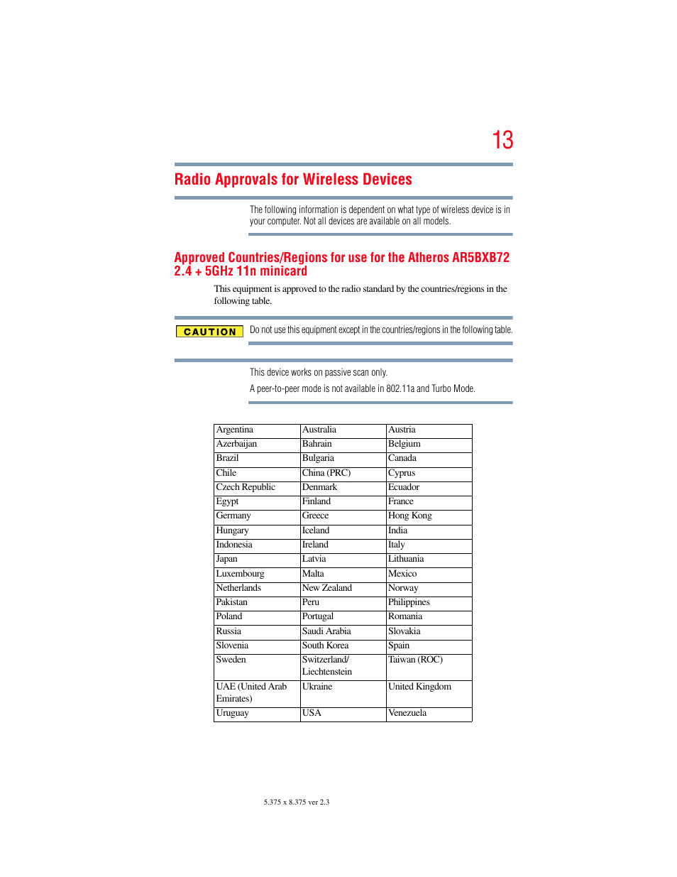 Radio approvals for wireless devices | Toshiba SATELLITE M300 User Manual | Page 13 / 232