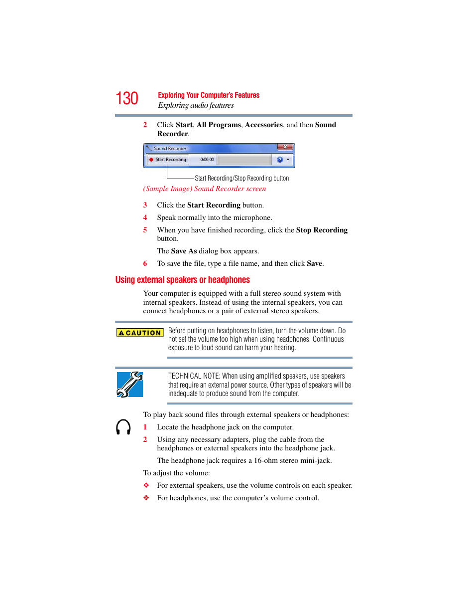 Using external speakers or headphones | Toshiba SATELLITE M300 User Manual | Page 130 / 232