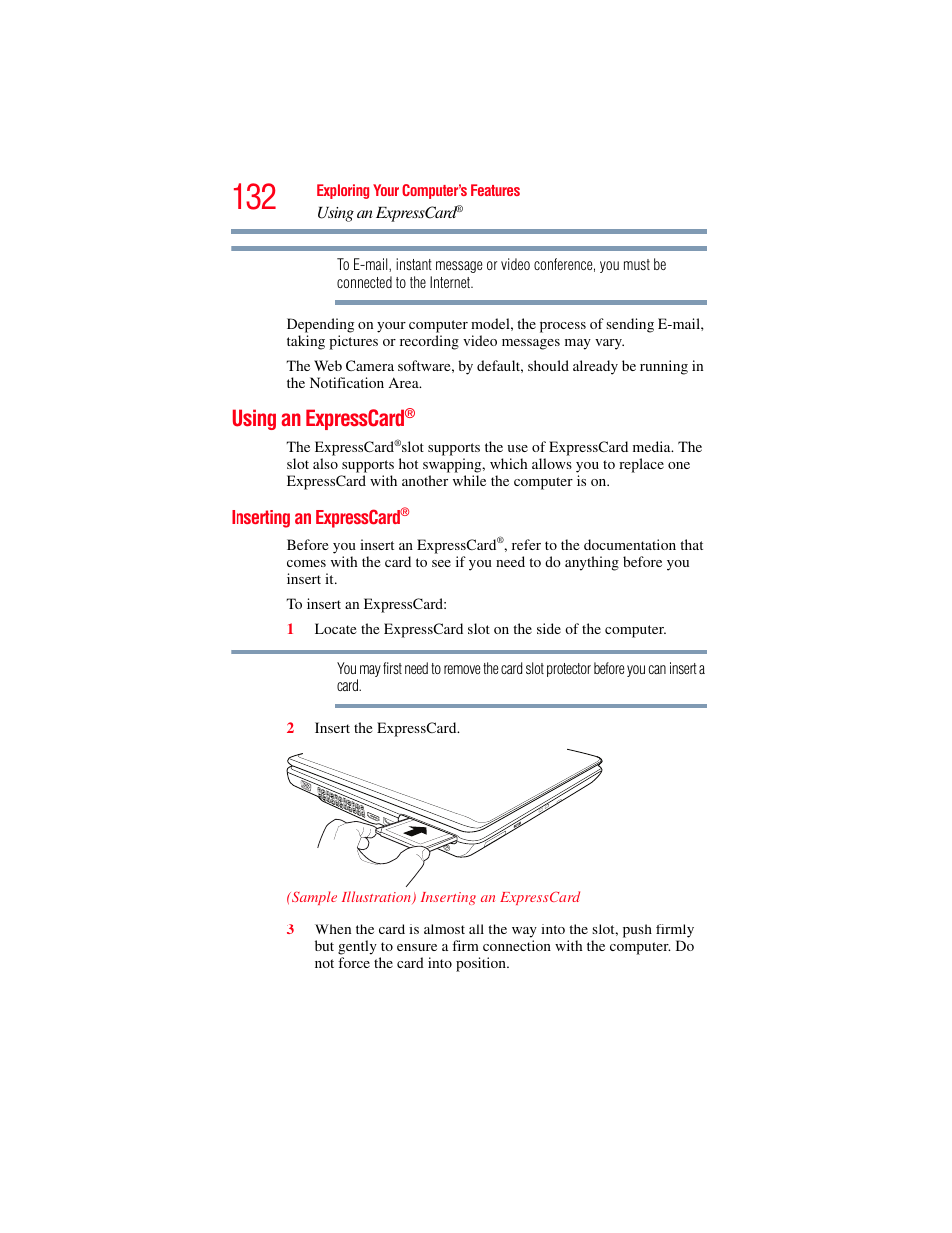 Using an expresscard, Inserting an expresscard | Toshiba SATELLITE M300 User Manual | Page 132 / 232