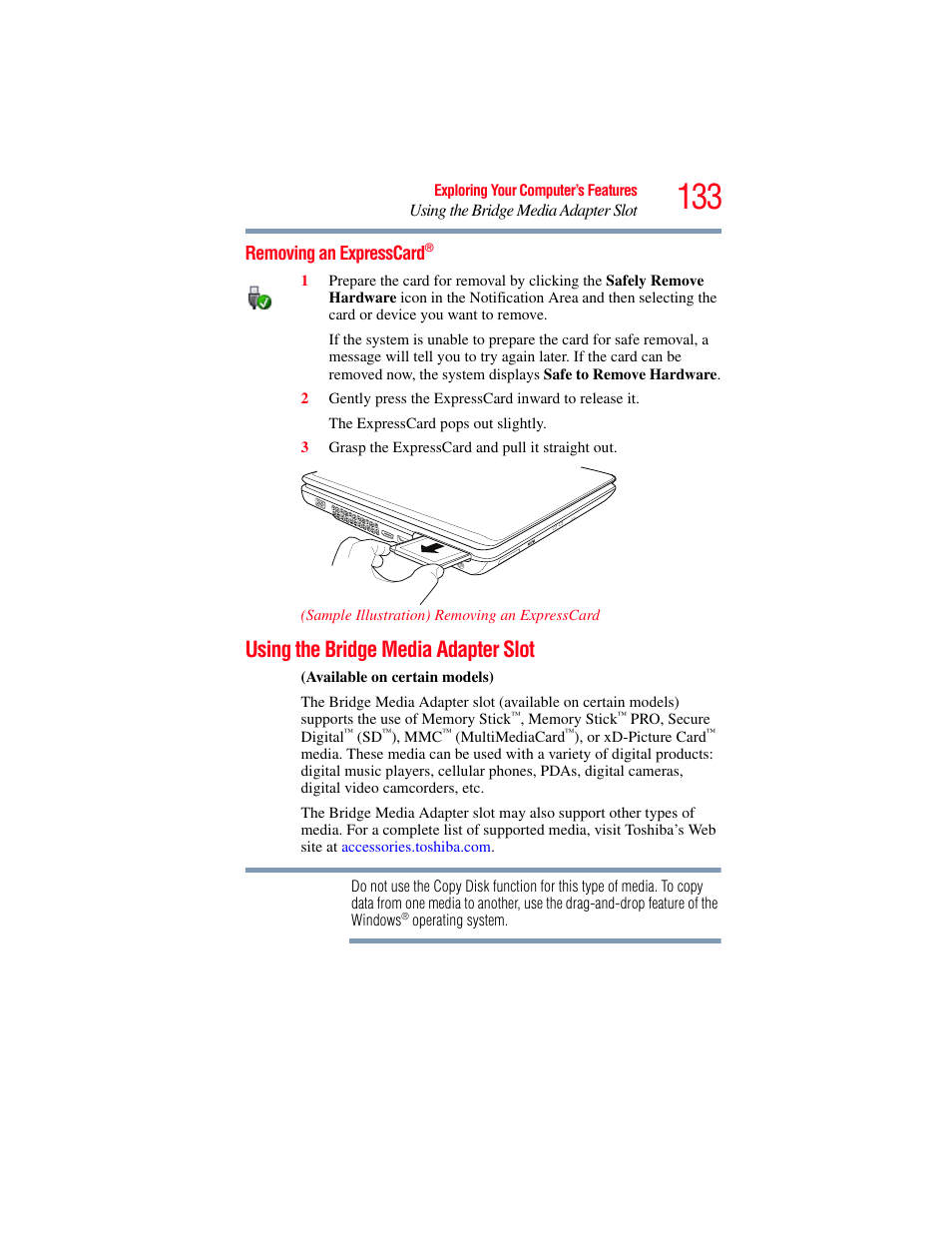 Removing an expresscard, Using the bridge media adapter slot | Toshiba SATELLITE M300 User Manual | Page 133 / 232