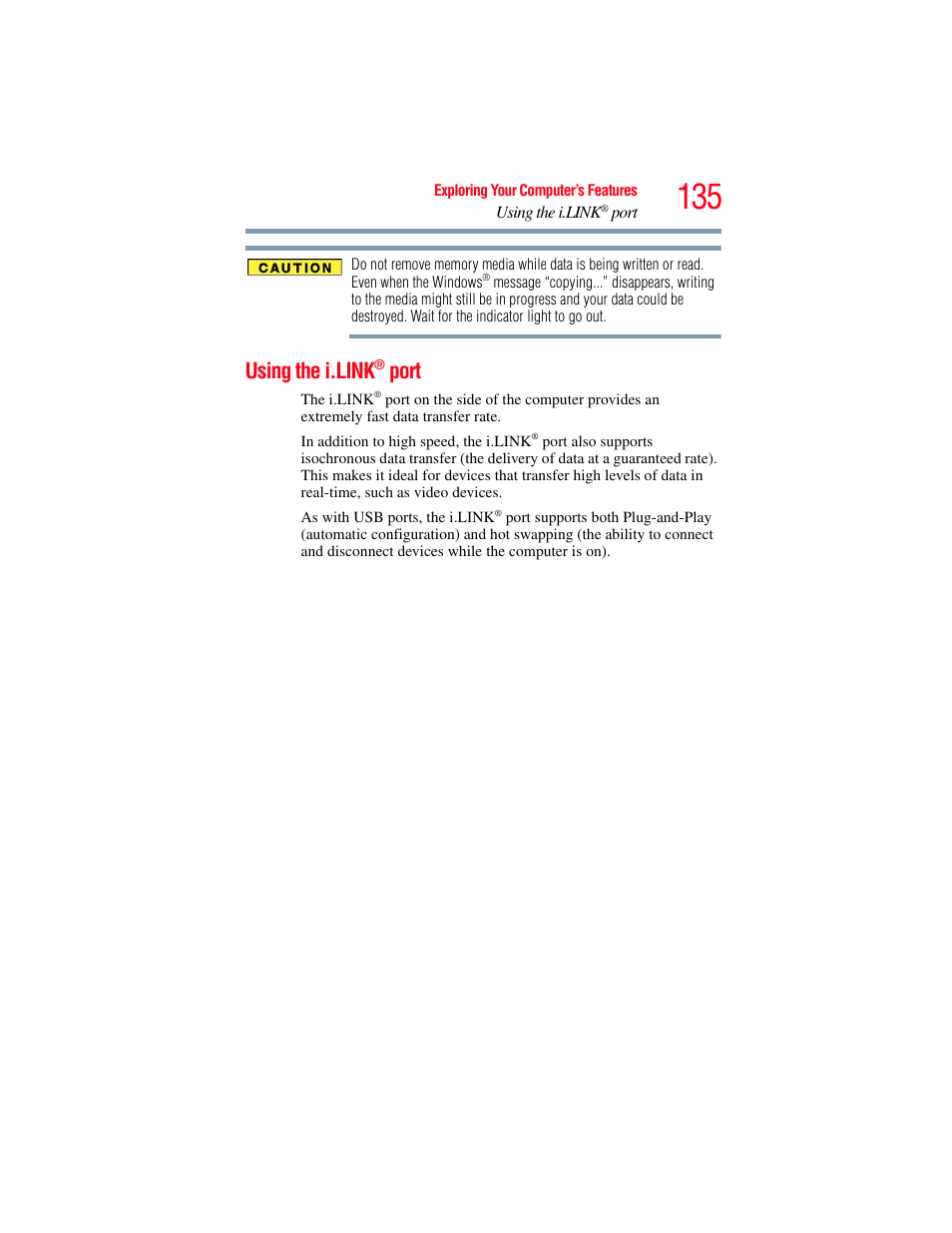 Using the i.link® port, Using the i.link, Port | Toshiba SATELLITE M300 User Manual | Page 135 / 232
